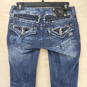 Miss Me Straight Jeans Women 26 Blue (Fits 28 X 30) Flap Pocket Distressed Bling